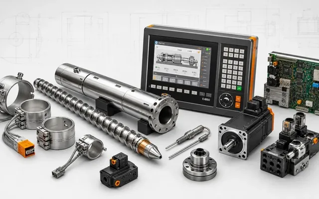 Replacement parts for injection molding equipment.