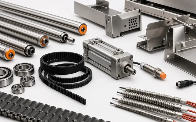 Replacement components for industrial packaging equipment.